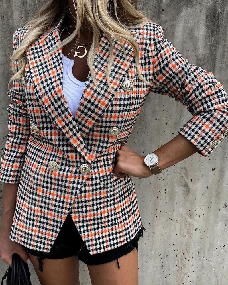 

Plaid Lapel Collar Double Breasted Flap Detail Blazer, Multicolor