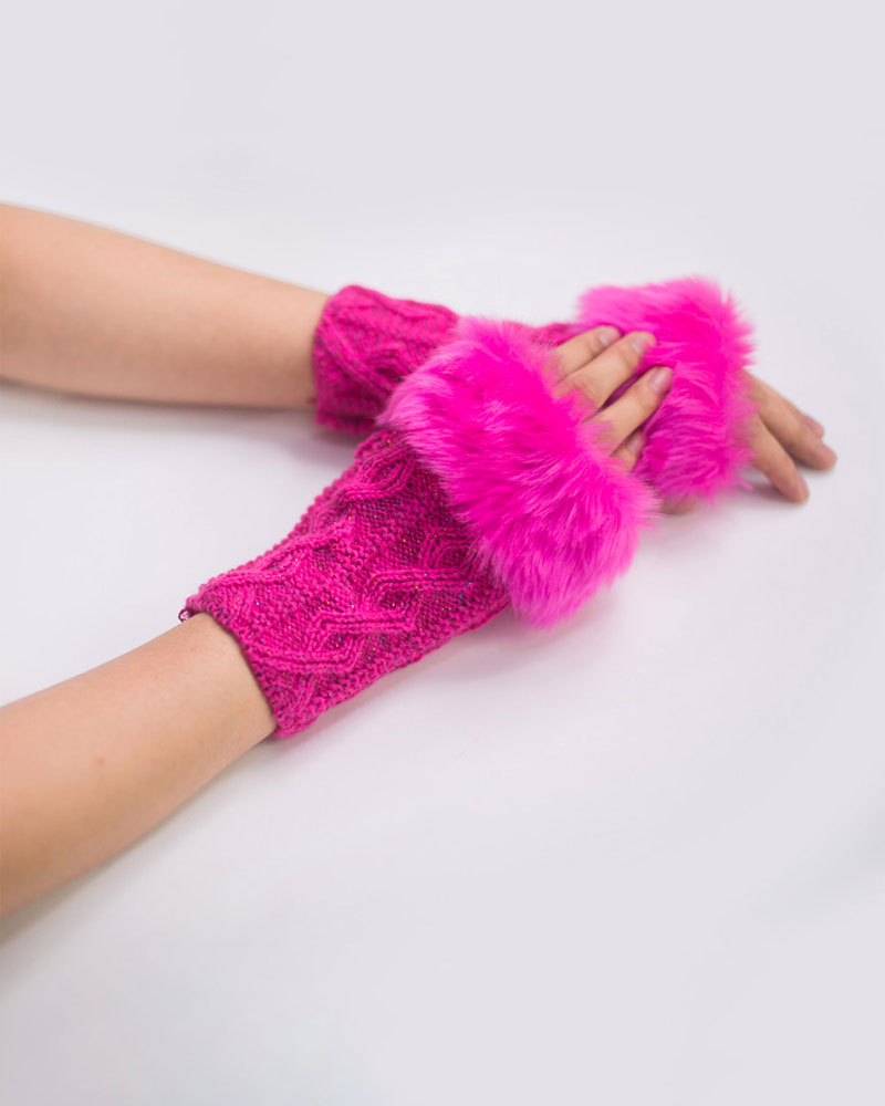 

Christmas Fuzzy Trim Fingerless Knit Gloves, Hot pink