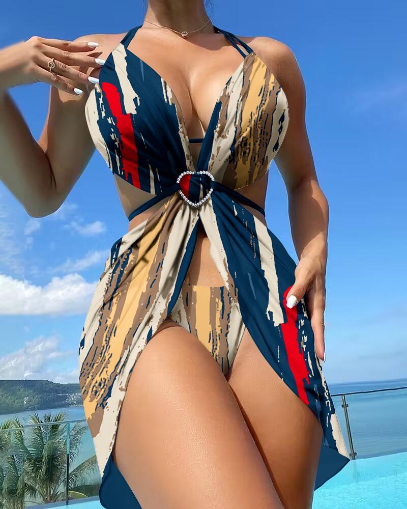 

3PCS Tie Dye Print Striped Halter Bikini Set With Cover Up, Blue