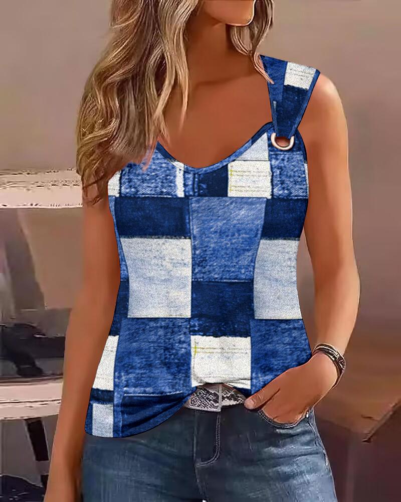 

Denim Look Print Eyelet Tank Top, Blue