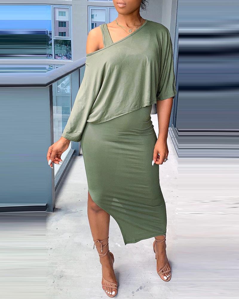 

U Neck Thick Strap Ruffle Hem Slit Dress, Green