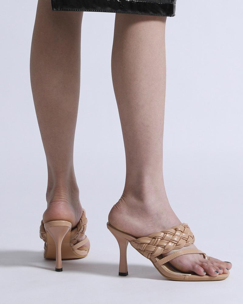 

Square-toe Solid Color Weave One-strap High Heels, Brown