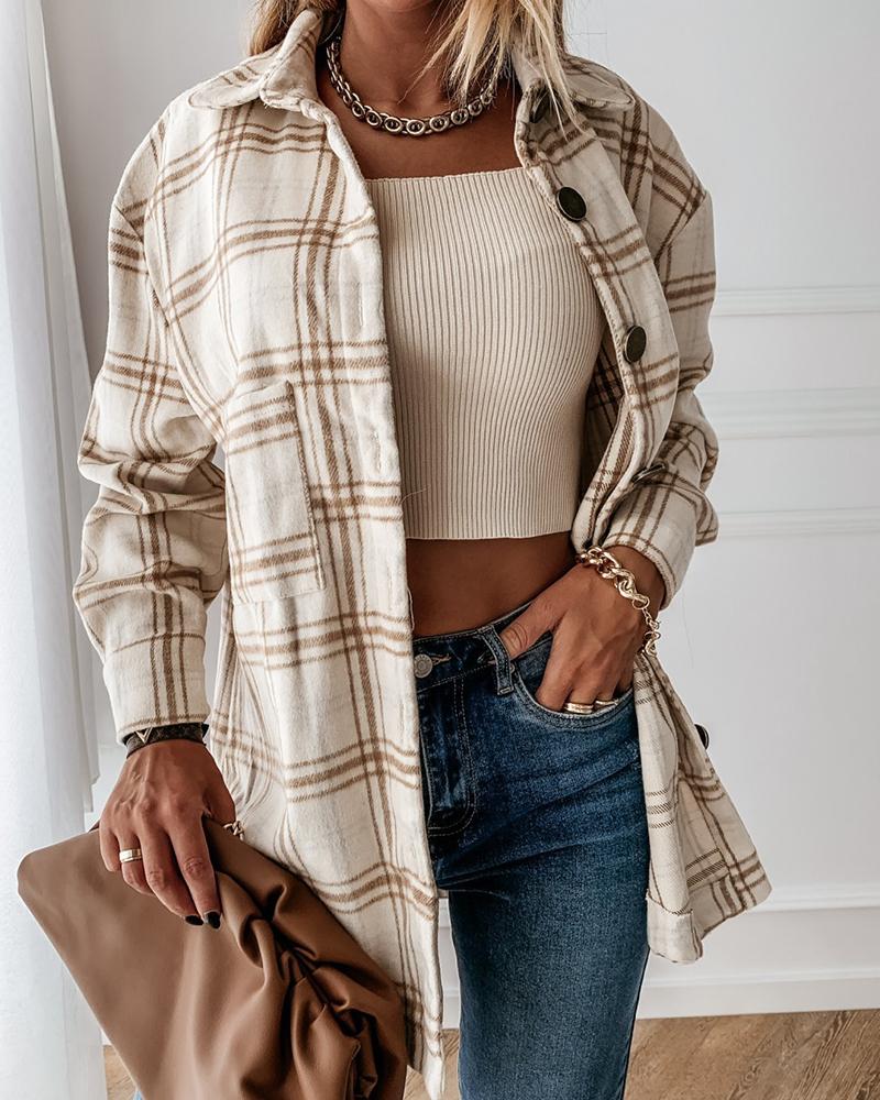 

Plaid Print Long Sleeve Buttoned Shacket, Coffee
