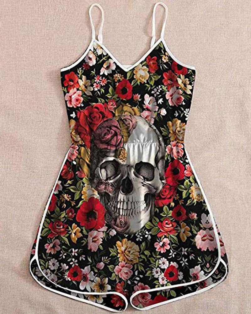 

Halloween Floral Skull Print Contrast Binding Romper, Black