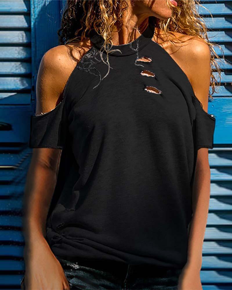 

Cold Shoulder Ribbed Cutout Casual Tee, Black