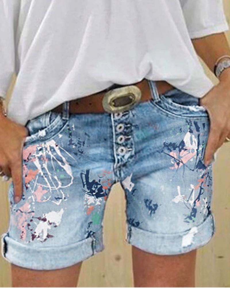 

Graphic Print Button Fly Denim Shorts, Lighted blue