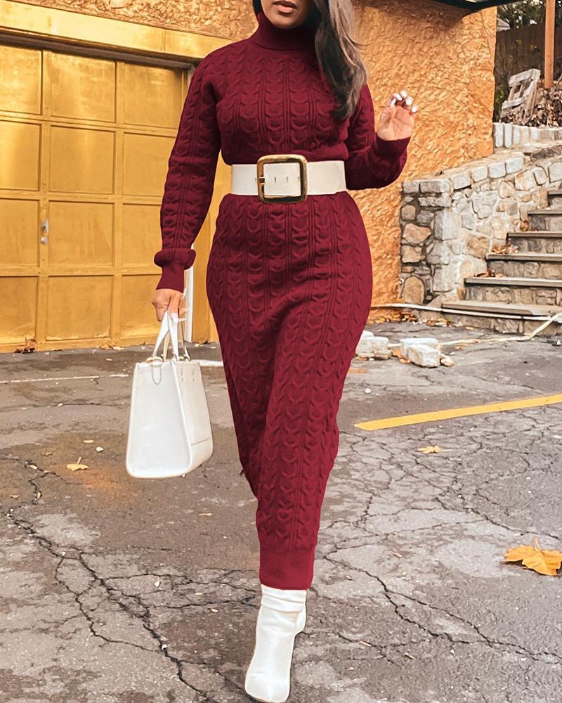 

Cable Knit High Neck Long Sleeve Dress, Wine red