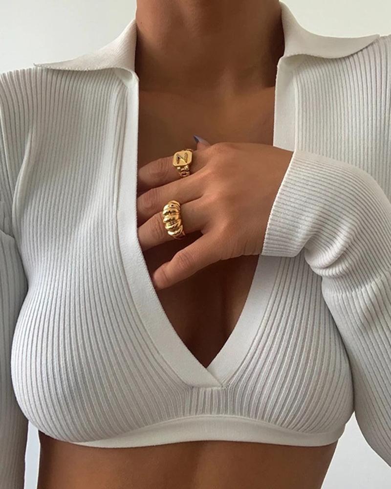 

Long Sleeve Tied Detail Knit Crop Top, White