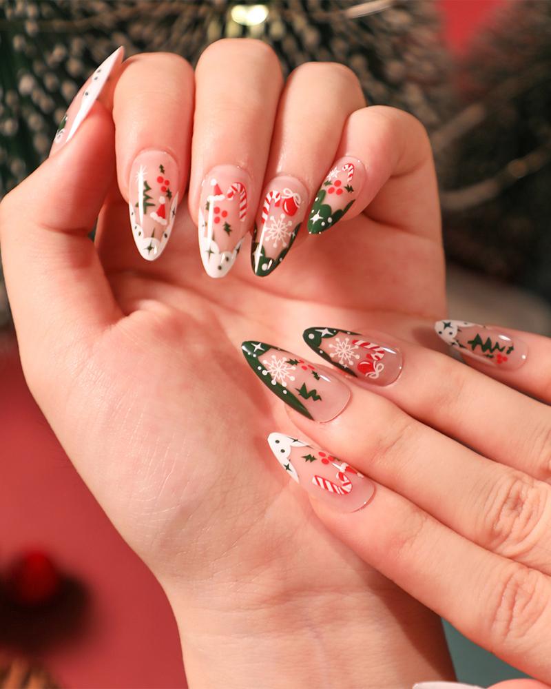 

24PCS Christmas Press On Nails Long Fake Nails Full Cover False Nail Set, Green