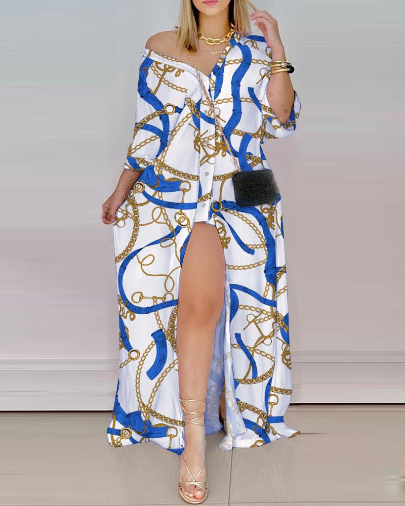 

Scarf Print Button Design High Slit Maxi Dress, Blue