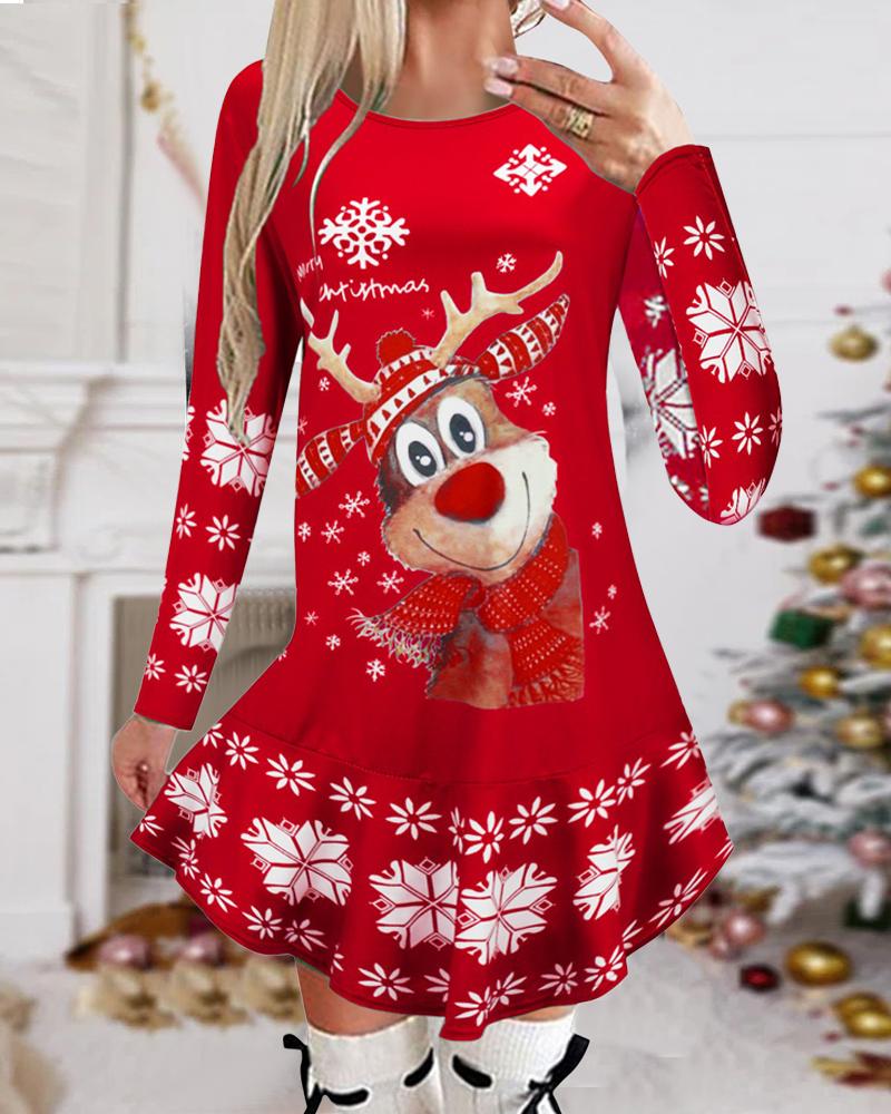 

Christmas Snowflake Elk Print Long Sleeve Casual Dress, Red