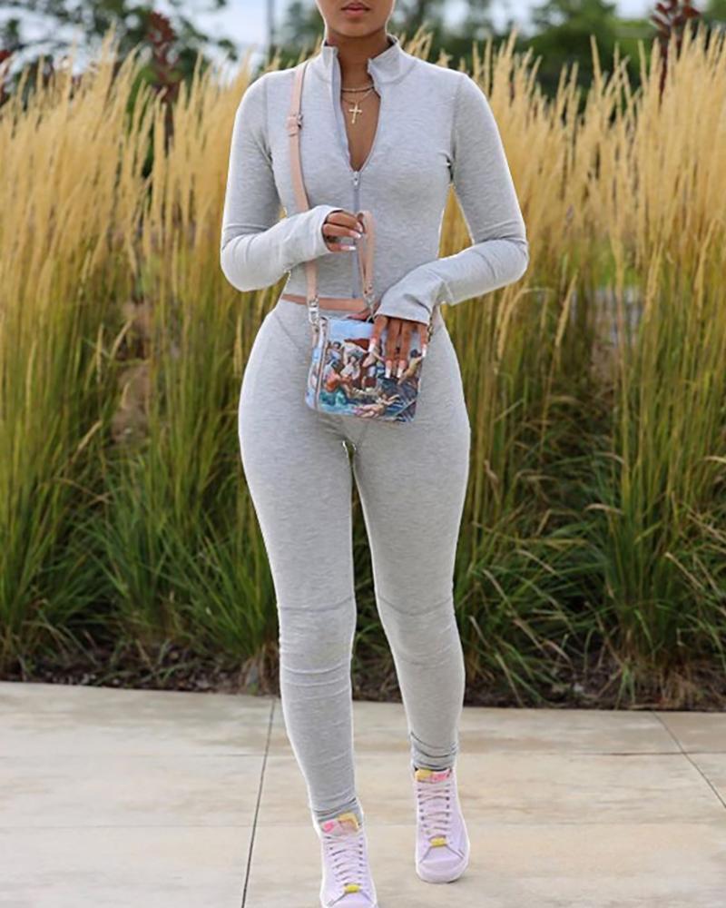 

Stand Collar Plain Long Sleeve Top & Pants Set, White