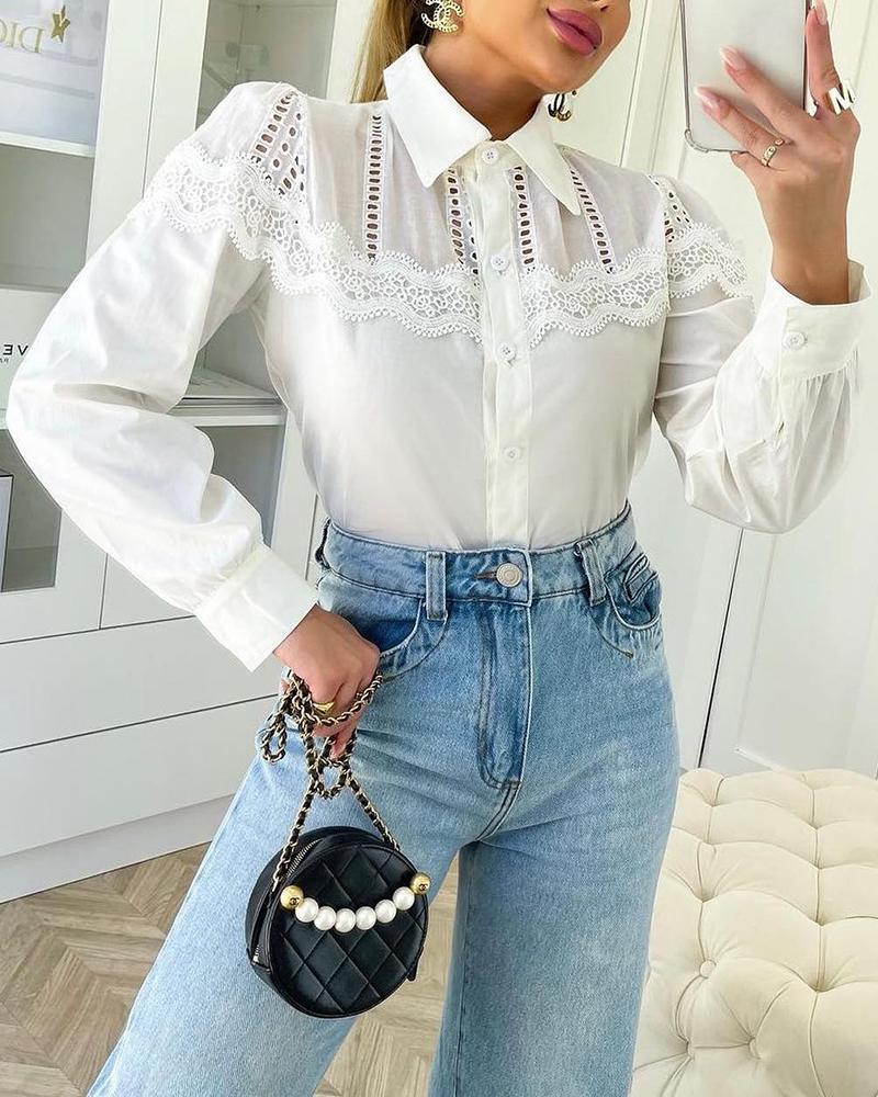 

Contrast Lace Long Sleeve Button Down Shirt, White