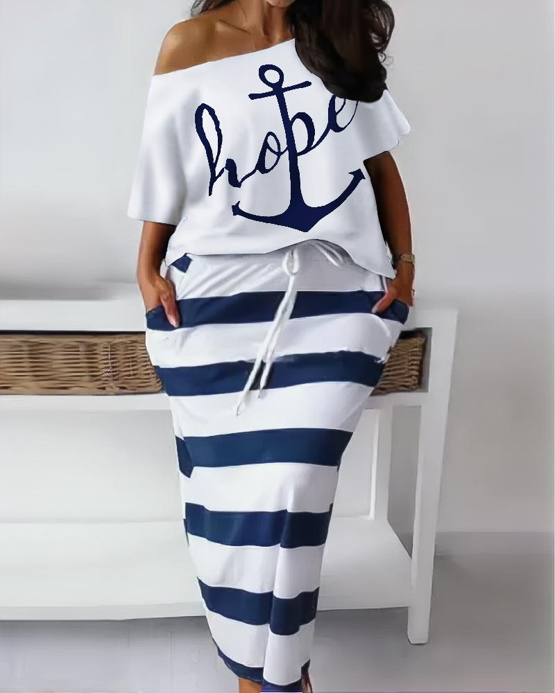 

Plus Size Anchor Letter Print Top & Striped Skirt Set, White