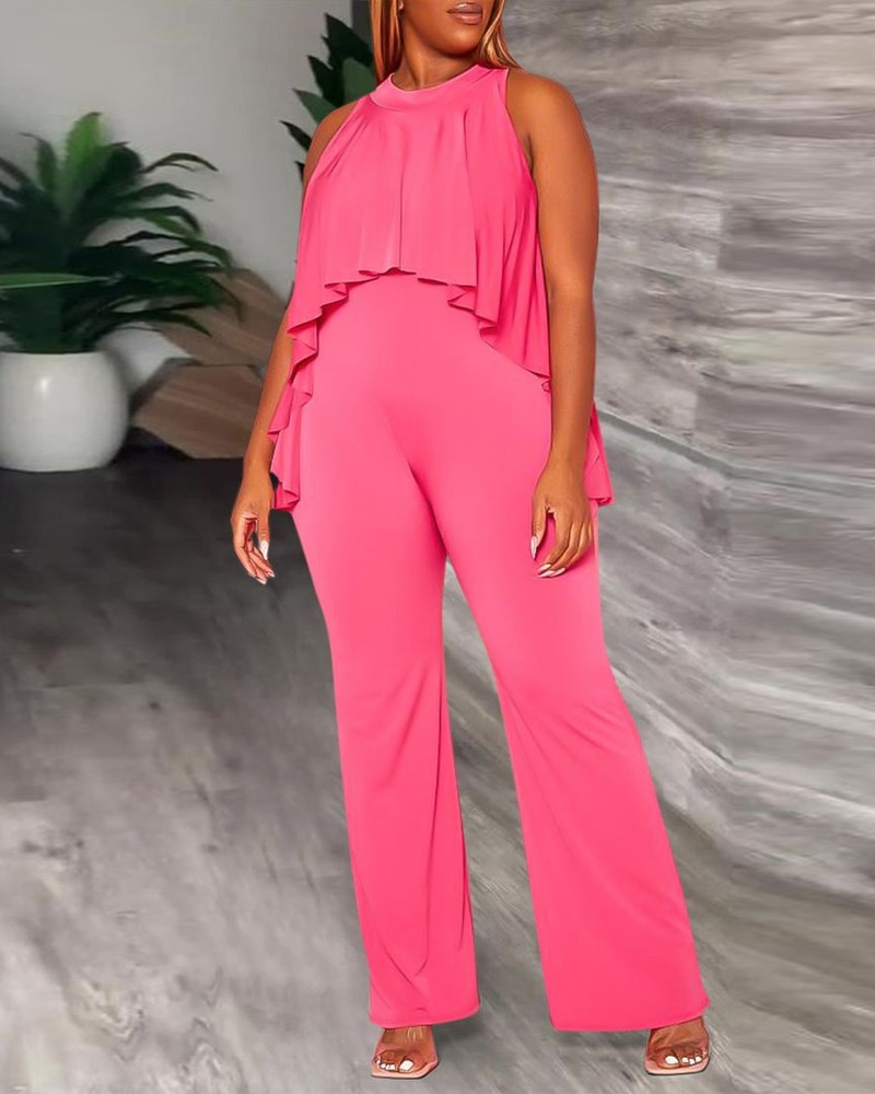 

O-Neck Ruffles Wide Leg Jumpsuits, Hot pink
