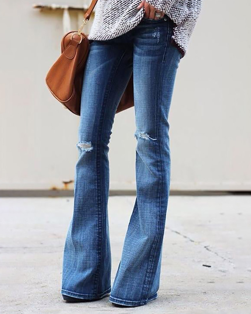 

Pocket Design Cutout Ripped Bootcut Jeans, Blue