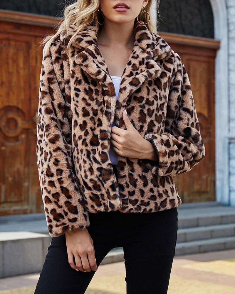 

Leopard Print Long Sleeve Open Front Fuzzy Coat