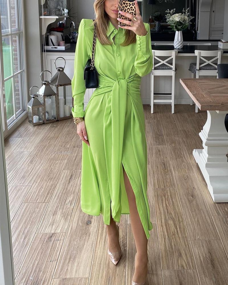 

Padded Shoulder Button Design Tied Detail Dress, Green