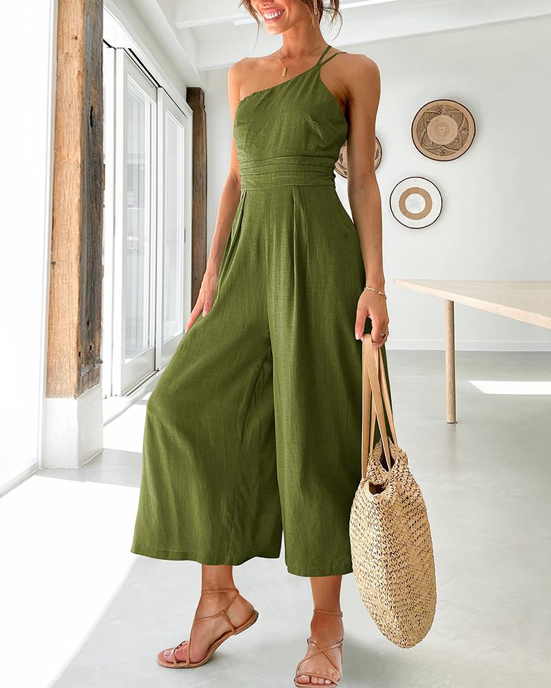 

One Shoulder Double Strap Pleated High Waist Wide Leg Jumpsuit, Army green