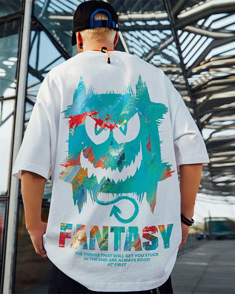 

Devil Patterns Cartoon Print Short Sleeve Loose T-shirt, White