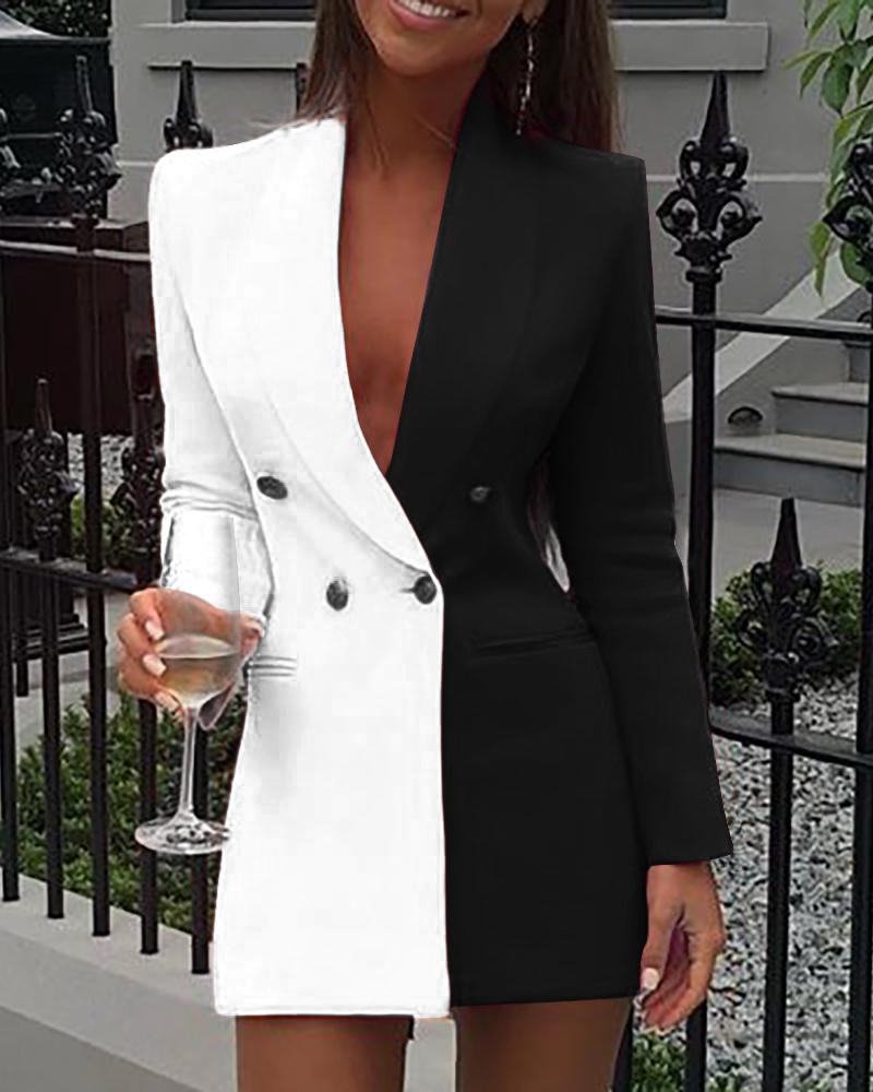 

Colorblock Buttoned Long Sleeve Blazer Dress, Black