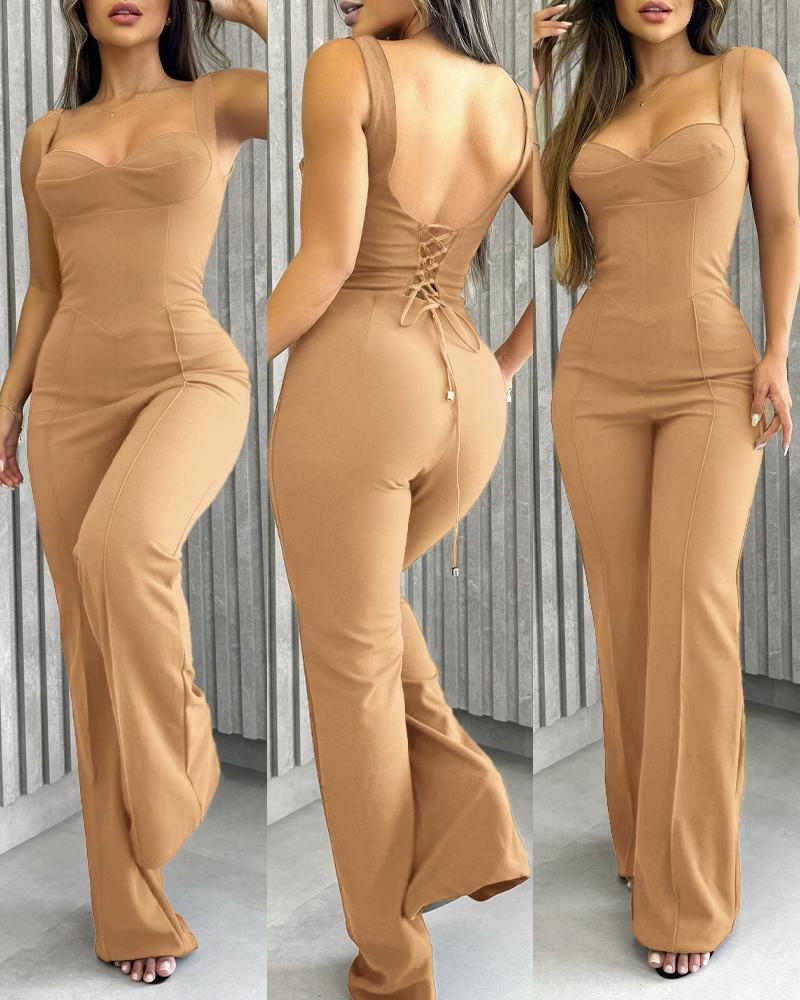 

Sweatheart Neck Thick Strap Backless Lace-up Jumpsuit, Khaki