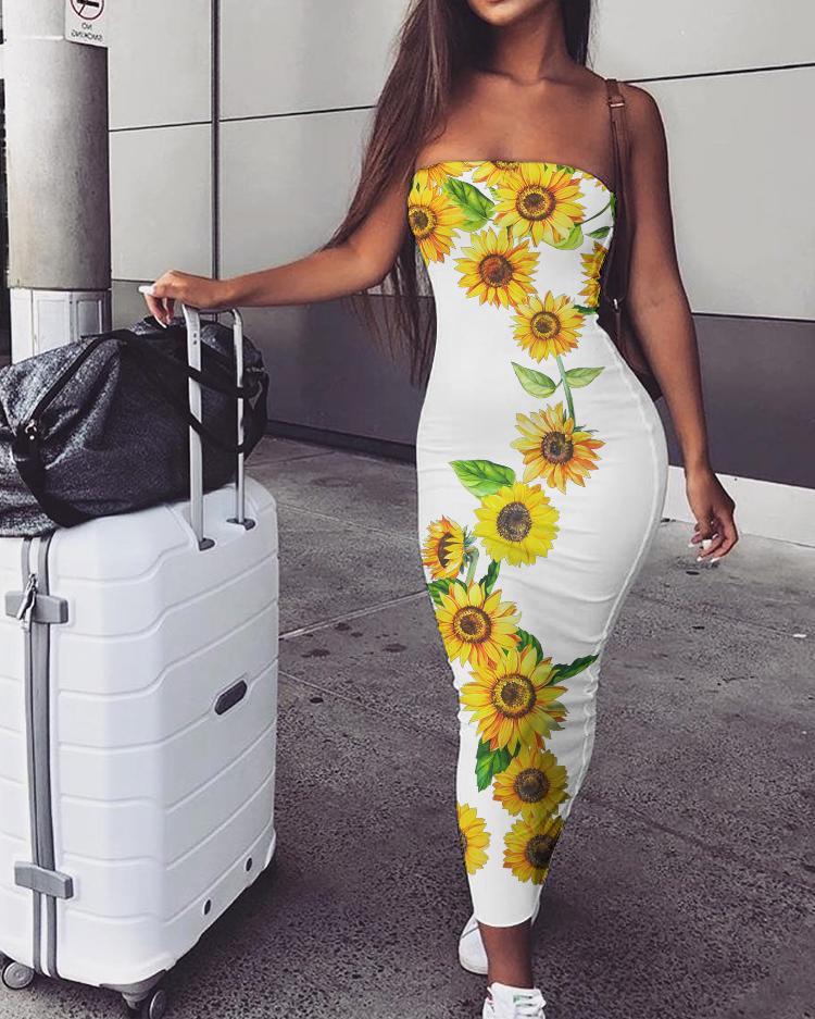 

Off Shoulder Tube Sunflower Print Skinny Dress, White