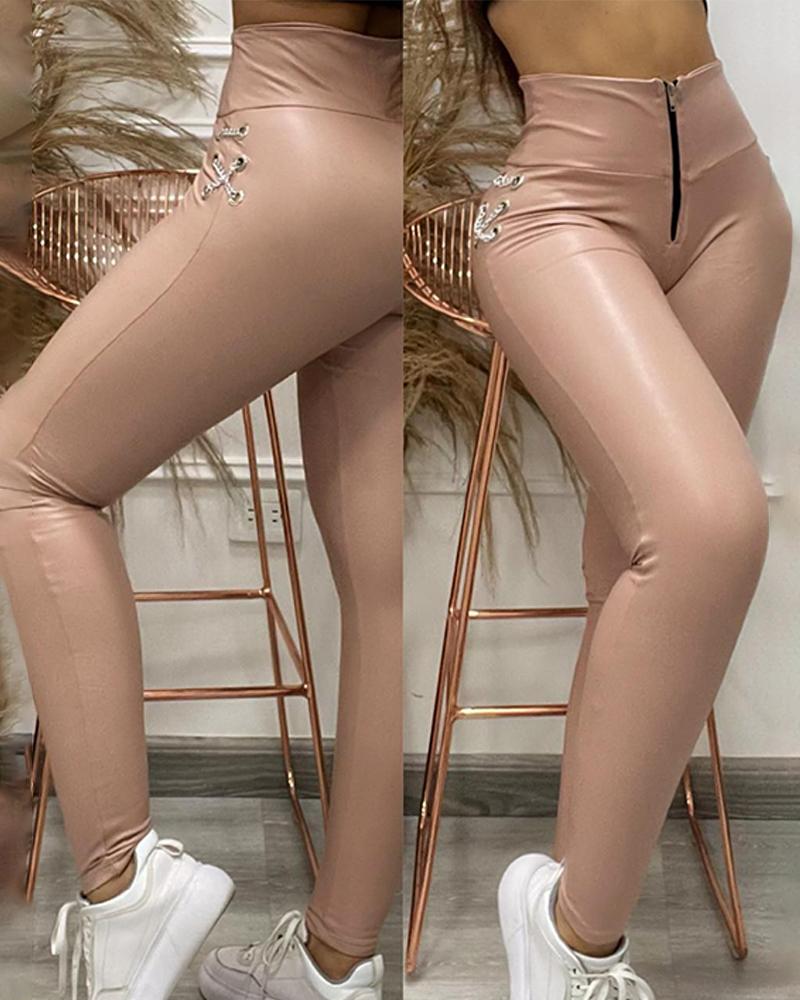 

Eyelet Chain Lace-up Metallic Skinny Pants, Pink