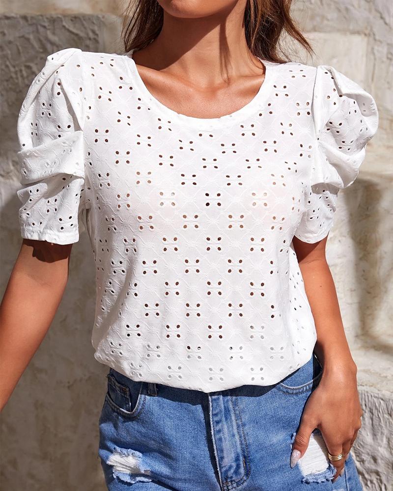 

Eyelet Embroidery Puff Sleeve Top, White