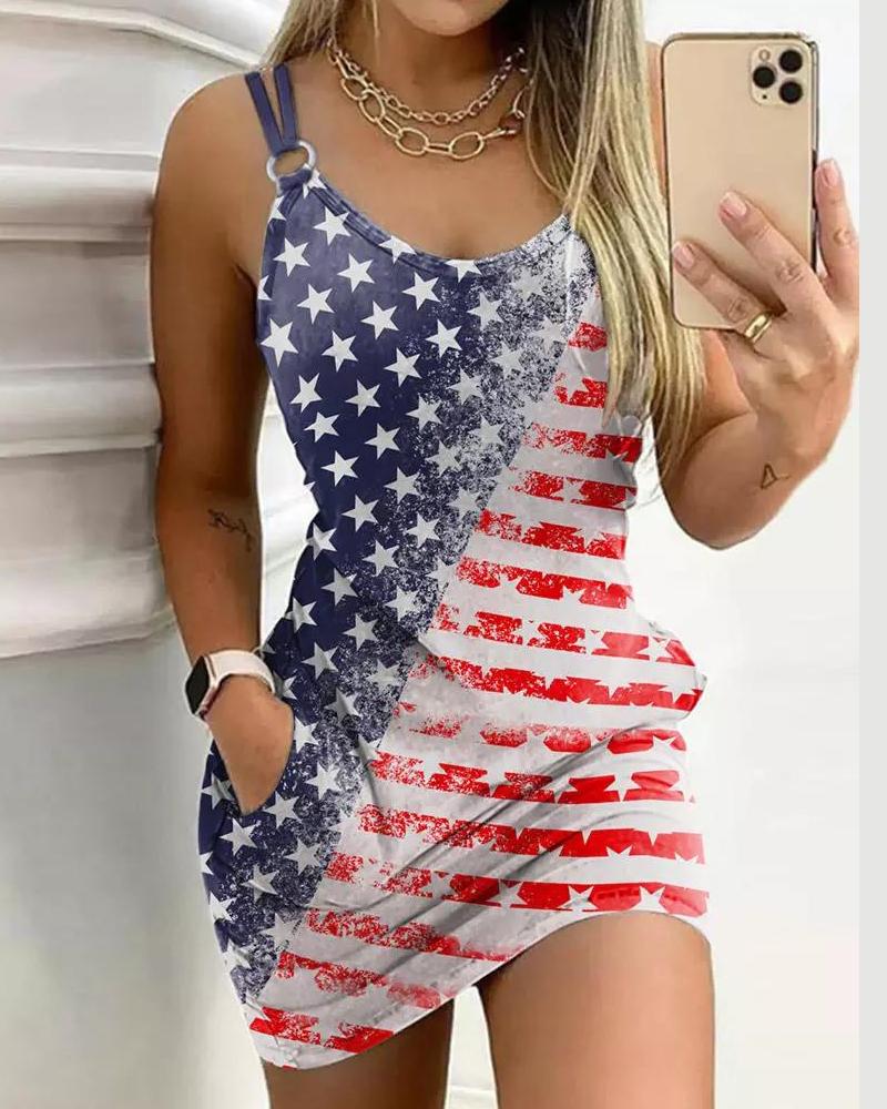 

Independence Day Flag Print O-Ring Casual Dress, Multicolor