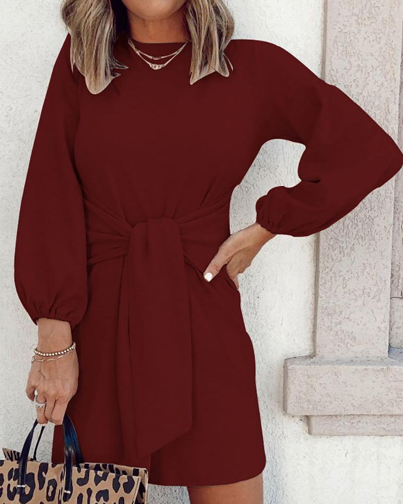 

Lantern Sleeve Tied Detail Knit Casual Dress, Red