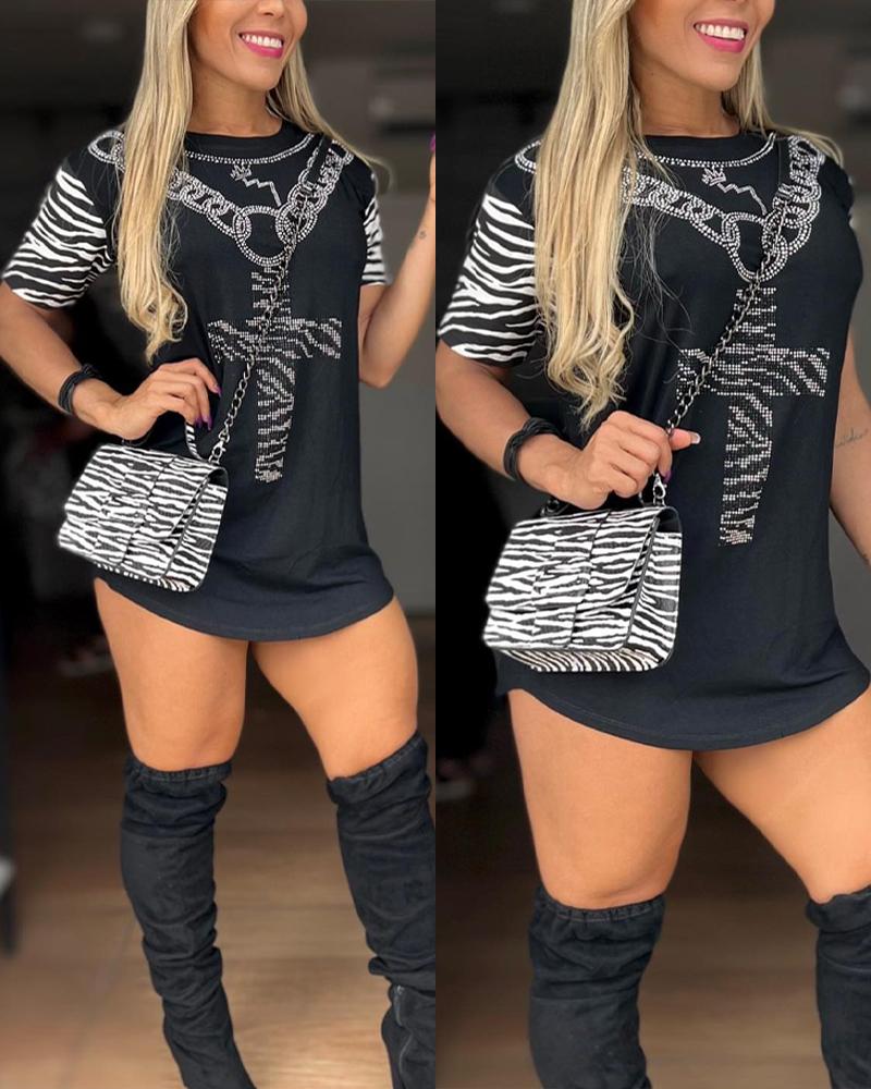

Zebra Stripe Print Rhinestone Decor Casual Dress, Black