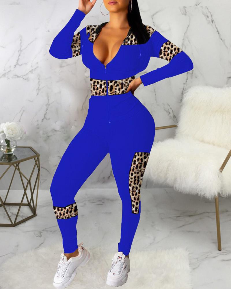 

Cheetah Print Colorblock Zip Top & Pants Set, Dark blue