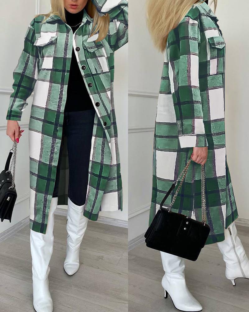 

Plaid Print Buttoned Longline Shacket, Green