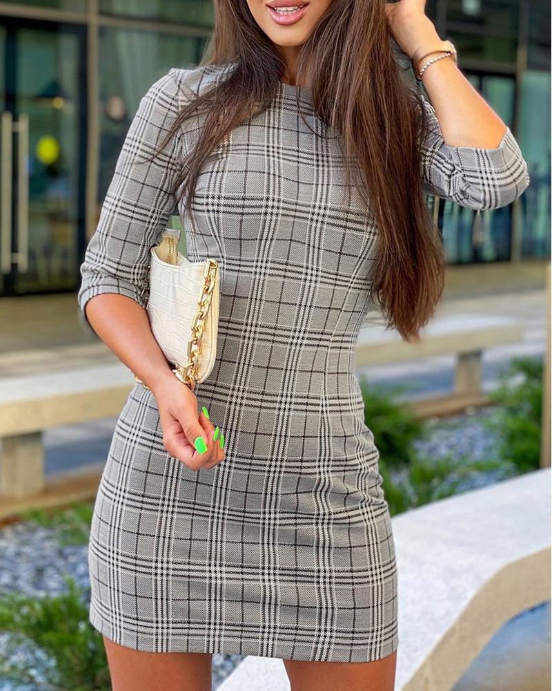 

Plaid Print Half Sleeve Skinny Work Dress, Gray