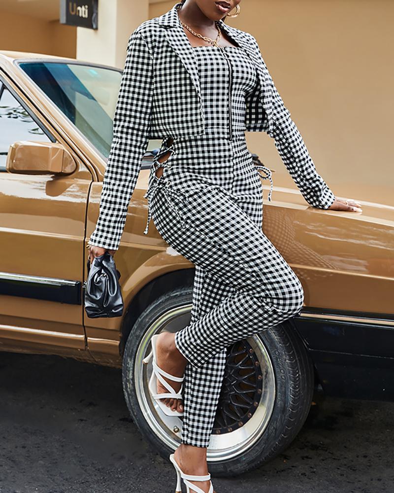 

Plaid Print Long Sleeve Crop Jacket, Black