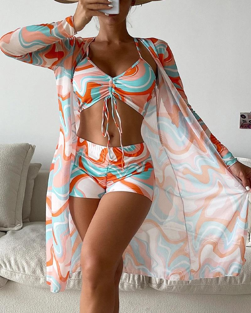 

3PCS Abstract Print Drawstring Ruched Bikini Set With Cover Up, Orange