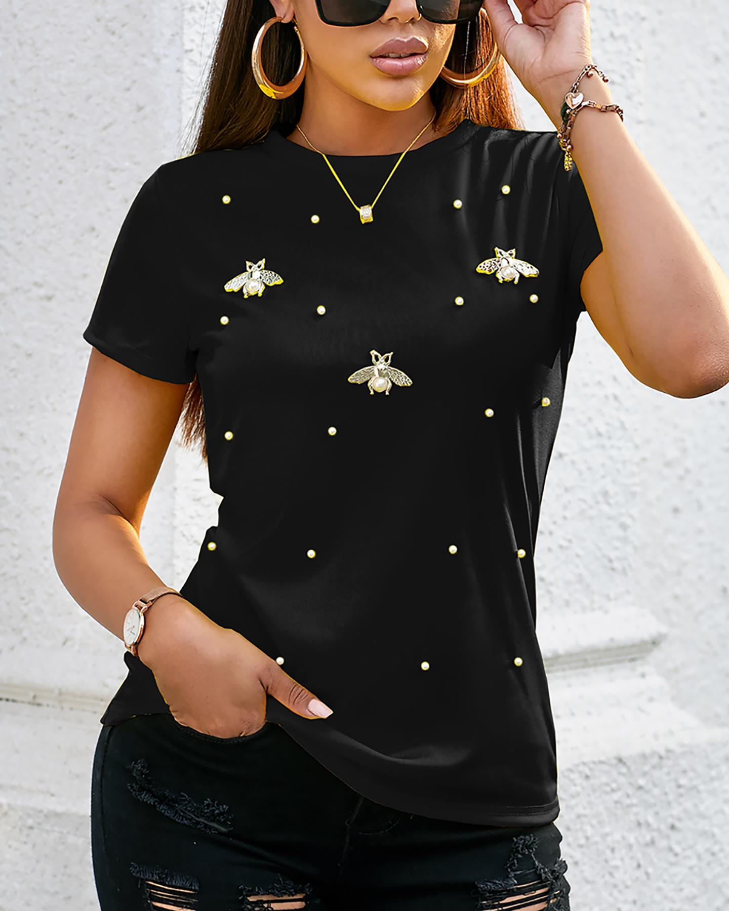

Beaded Detail Short Sleeve T-Shirt, Black