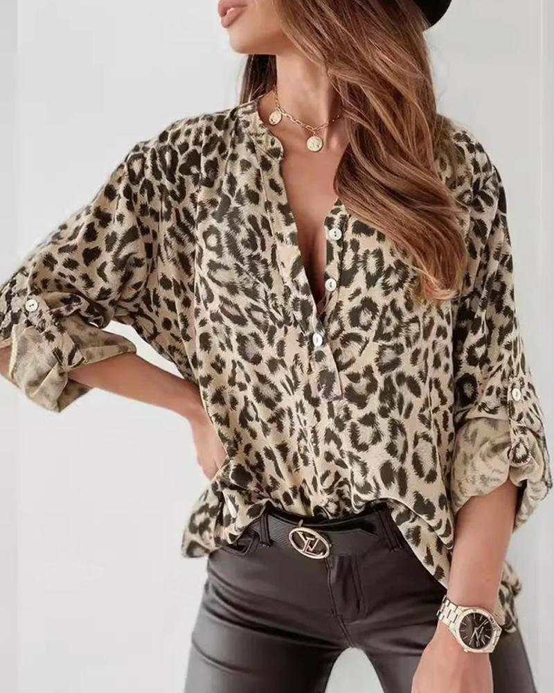 

Leopard Print Stand Collar Roll Tab Sleeve Blouses Oversized Casual Shirt, Khaki