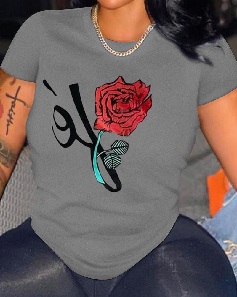

Floral Print Short Sleeve Casual T-shirt, Gray