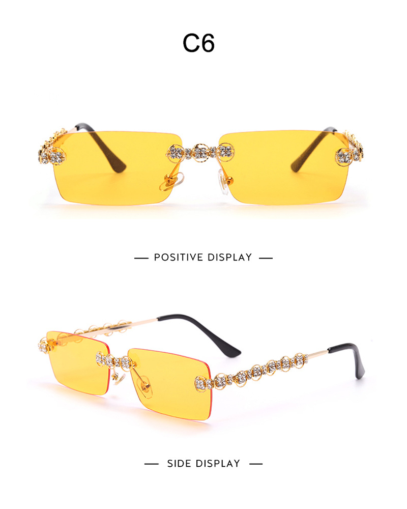 

1Pair Rimless Rhinestone Rectangle Tinted Lens Sunglasses, Yellow