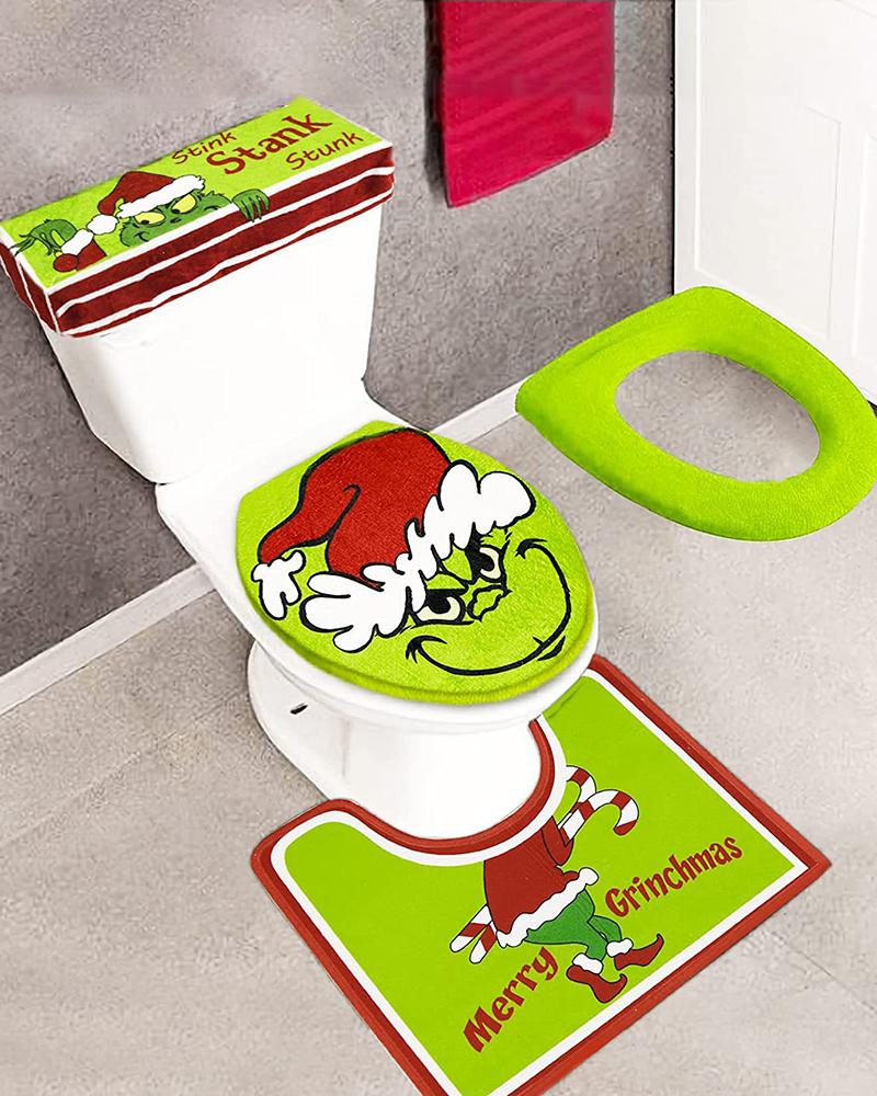 

4pcs Christmas Graphic Toilet Seat Cover Pad & Tank Cover & Toilet Lid Cover & Toilet Rug Set, Green