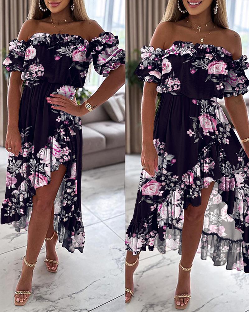 

Floral Print Ruffles Asymmetrical Dress, Black