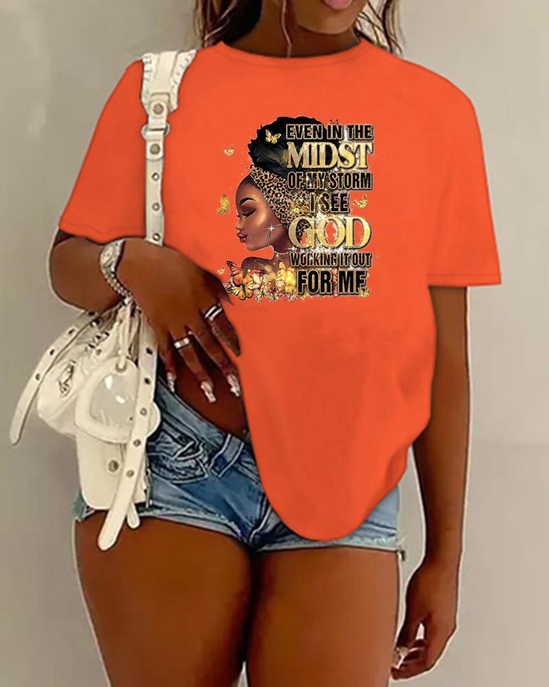 

Plus Size Figure GOD Slogan Print Casual T-shirt, Orange