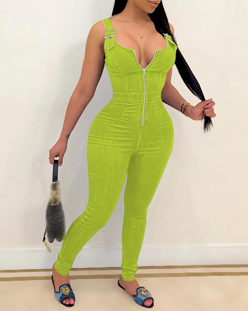 

Eyelet Buckled Zipper Design Sleeveless Jumpsuit, Green