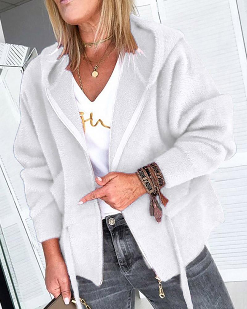 

Solid Zipper Design Hooded Casual Coat, White