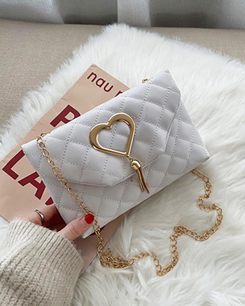 

Quilted Heart Pattern Tassel Chain Bag, White