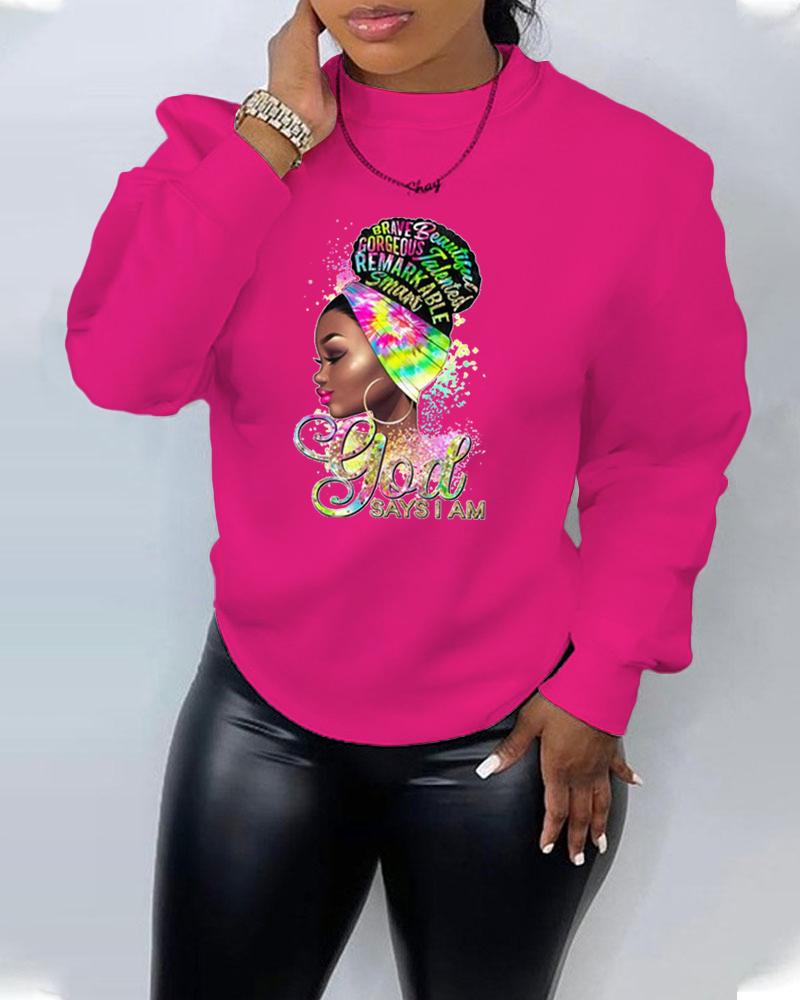 

Plus Size Figure God Letter Print Long Sleeve Sweatshirt, Hot pink