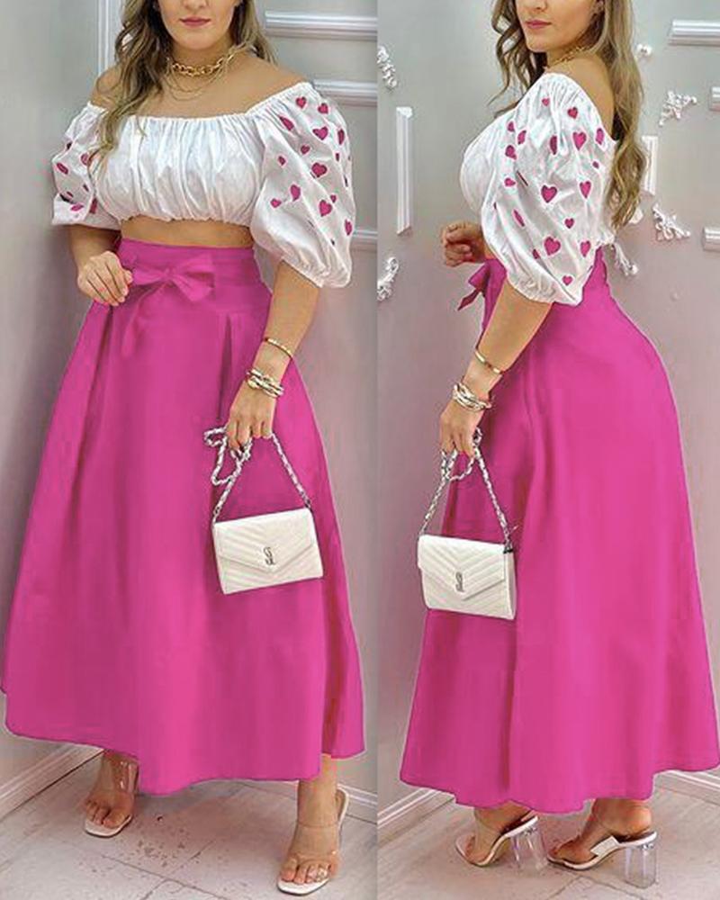 

Heart Print Off Shoulder Crop Top & Plain Skirt Sets, Hot pink