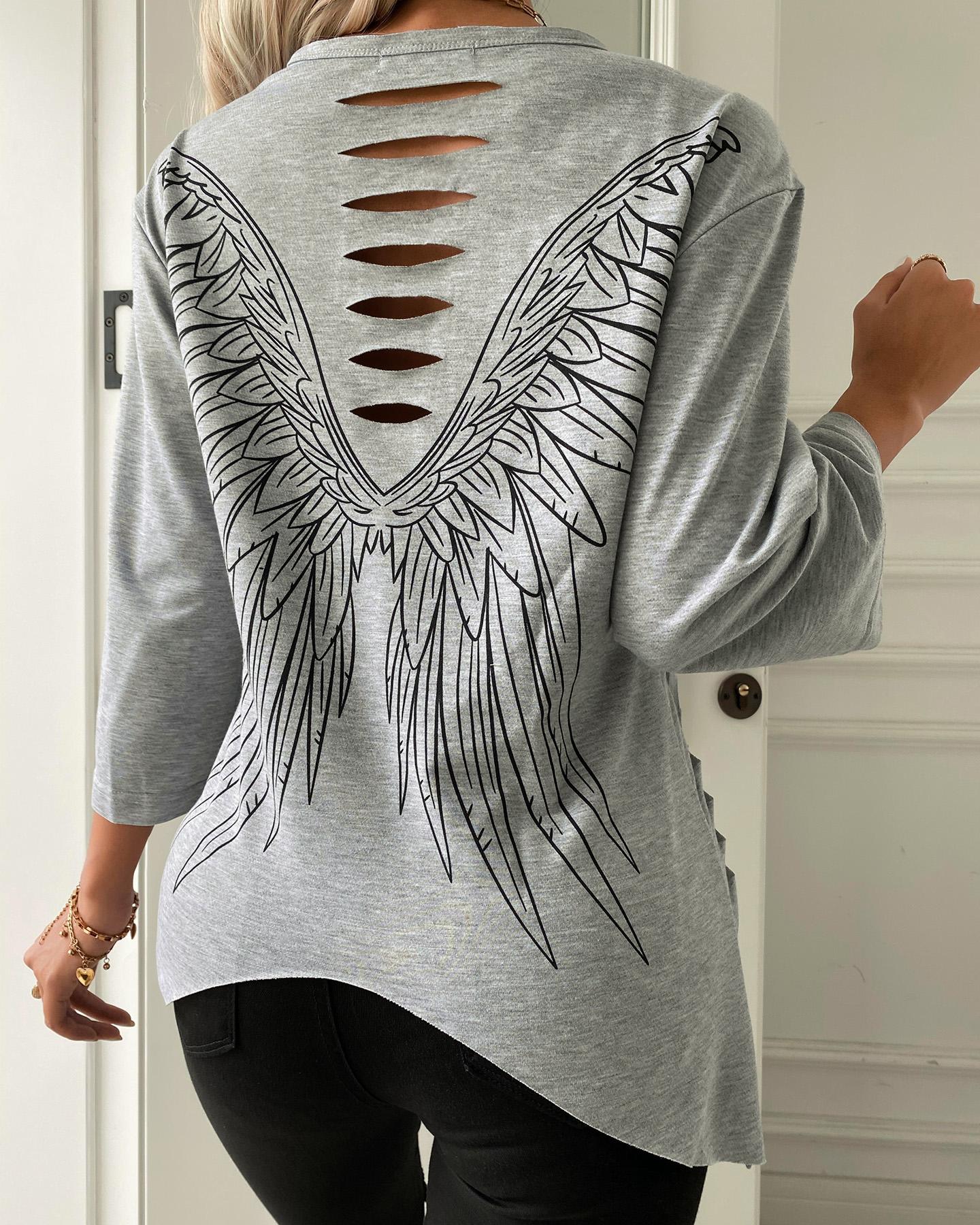 

Wings Print Ladder Cutout Casual Top, Gray